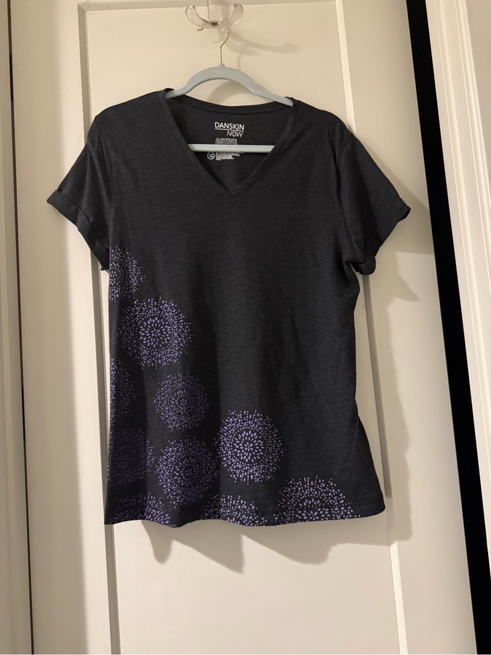 Danskin Now Black V-Neck Tee with Purple Burst Accents